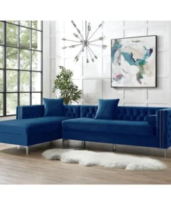 Posh Living Levi Velvet Tufted with Silver Nailhead Trim Metal Y-leg Left Facing Chaise Sectional Sofa - Navy