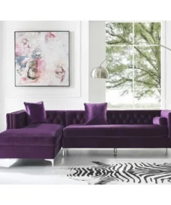 Posh Living Levi Velvet Tufted with Silver Nailhead Trim Metal Y-leg Left Facing Chaise Sectional Sofa - Purple