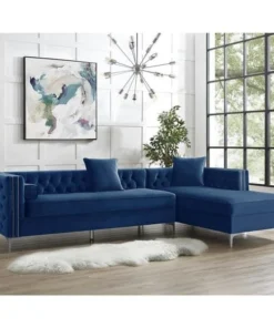 Posh Living Levi Velvet Tufted with Silver Nailhead Trim Metal Y-leg Right Facing Chaise Sectional Sofa - Navy