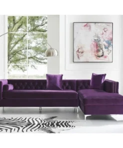 Posh Living Levi Velvet Tufted with Silver Nailhead Trim Metal Y-leg Right Facing Chaise Sectional Sofa - Purple