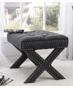 Posh Living Hazel Linen Button Tufted Silver Nailhead Trim X-Leg Ottoman - Dark Grey