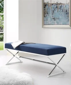 Posh Living Colin Velvet X-Leg Chrome Base Bench - Navy