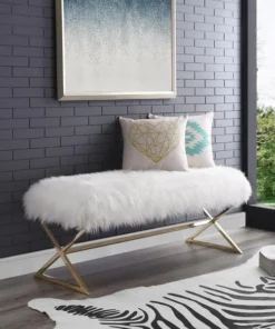 Posh Living Colin Faux Fur X-Leg Gold Base Bench - White