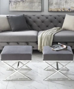 Posh Living Colin Velvet X-Leg Chrome Base Ottoman - Grey