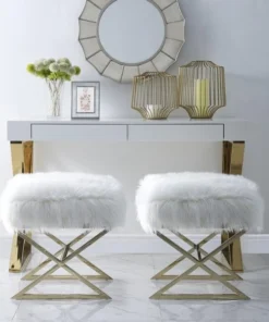 Posh Living Colin Faux Fur X-Leg Gold Base Ottoman - White