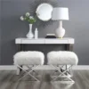 Posh Living Colin Faux Fur X-Leg Chrome Base Ottoman - White