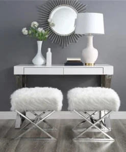 Posh Living Colin Faux Fur X-Leg Chrome Base Ottoman - White