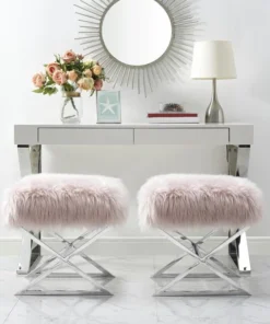 Posh Living Colin Faux Fur X-Leg Chrome Base Ottoman - Rose