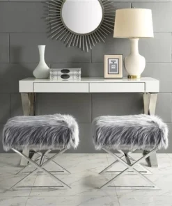 Posh Living Colin Faux Fur X-Leg Chrome Base Ottoman - Grey