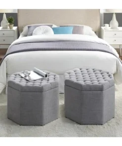 Posh Living Adrian Linen Upholstered Tufted Octagon Storage Ottoman - Light Grey