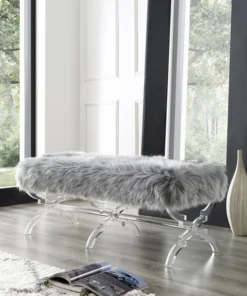 Posh Living Brayden Faux Fur Acrylic X-Leg Bench - Grey
