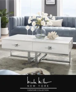 Nicole Miller NCT197-09WE-UE 47.2 x 23.5 x 15.5 in. Mano Coffee Table; White & Chrome