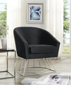 Posh Living Leo Velvet Modern Contemporary Barrel Accent Chair with Metal Base - Black with Silver