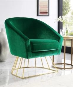 Posh Living Leo Velvet Modern Contemporary Barrel Accent Chair with Metal Base - Green with Gold