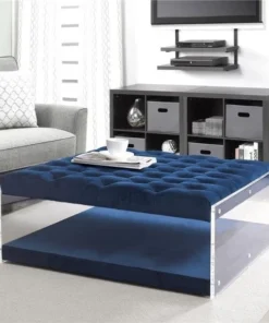 Posh Living Courtney Velvet Modern Contemporary Oversized Button Tufted Clear Acrylic Sides Ottoman - Navy