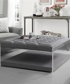 Posh Living Courtney Linen Modern Contemporary Oversized Button Tufted Clear Acrylic Sides Ottoman - Light Grey