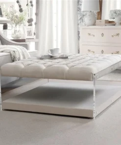 Posh Living Courtney Linen Modern Contemporary Oversized Button Tufted Clear Acrylic Sides Ottoman - Cream White
