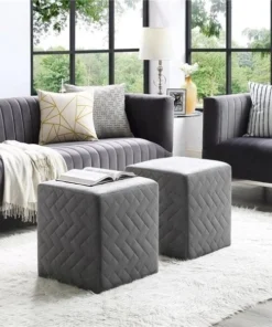 Posh Living Micah Velvet Brick Quilted Cube Ottoman - Grey