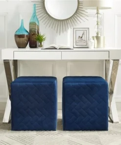 Posh Living Micah Velvet Brick Quilted Cube Ottoman - Navy