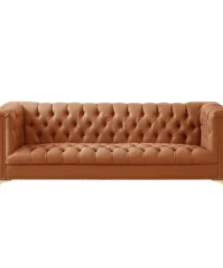 Posh Living Ryder PU Leather Button Tufted Sofa with Gold Nailhead Trim and Y-leg - Camel Brown