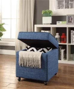 Posh Living Ruby Linen Modern Contemporary Hidden Storage Castered Legs Ottoman Cube - Blue