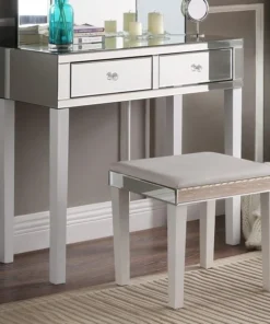 Posh Living Caleb Modern Contemporary Mirrored 2-Drawer Vanity Table with Stool Set - White