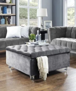Posh Living Joshua Velvet Modern Contemporary Oversized Button Tufted Cocktail Square Storage Ottoman Coffee Table - Grey