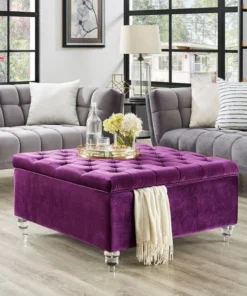 Posh Living Joshua Velvet Modern Contemporary Oversized Button Tufted Cocktail Square Storage Ottoman Coffee Table - Purple