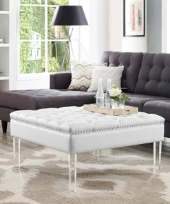 Posh Living Luke PU Leather Oversized Button Tufted with Silver Nailhead Trim Clear Acrylic Legs Ottoman Coffee Table - Cream White
