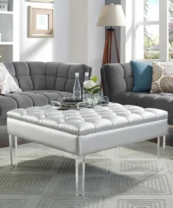 Posh Living Luke PU Leather Oversized Button Tufted with Silver Nailhead Trim Clear Acrylic Legs Ottoman Coffee Table - Silver