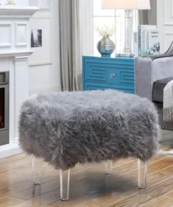 Posh Living Charlie Luxe Faux Fur Acrylic Leg Ottoman - Grey