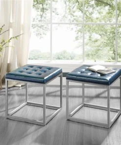 Posh Living Nolan PU Leather Button Tufted Metal Frame Cube Ottoman - Blue