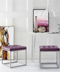 Posh Living Nolan PU Leather Button Tufted Metal Frame Cube Ottoman - Purple