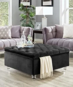 Posh Living ON15-02BK-UE Joshua Velvet Modern Contemporary Oversized Button Tufted Cocktail Square Storage Ottoman Coffee Table; Black - 18.1 x 36.2 x 36.2 in.