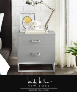 Nicole Miller NST156-09LG-UE Posh Living Stefano Side Table; Accent Table & Nightstand; Light Grey & Chrome