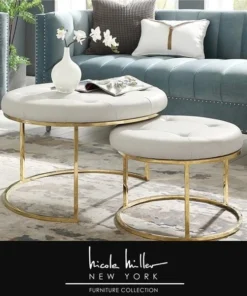 Nicole Miller NON106-01WG-UE 28 Dia. x 18 in. Posh Living Aaden Leather PU Cocktail Coffee Table Ottoman; White & Gold - Set of 2