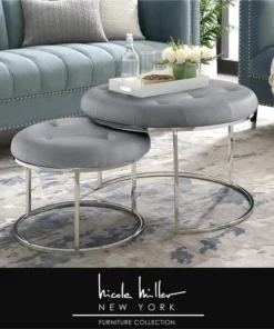 Nicole Miller NON106-01GR-UE 28 Dia. x 18 in. Posh Living Aaden Leather PU Cocktail Coffee Table Ottoman; Grey & Chrome - Set of 2