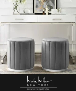 Nicole Miller NON135-02GS-UE Orpheus Velvet Ottoman; Grey & Silver