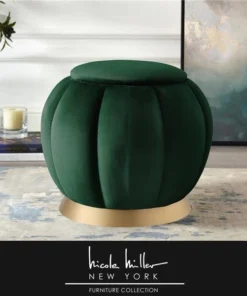 Nicole Miller NON137-02HG-UE Zara Velvet Ottoman; Hunter Green & Gold