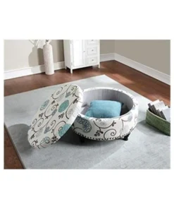 Nathaniel Home 91032-63 Round Storage Ottoman with Nailhead; Blue Floral