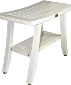 HomeRoots 376713 Contemporary Teak Shower Stool or Outdoor Bench in Whitewash Finish