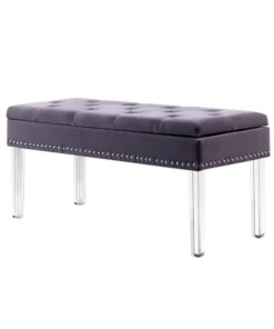 Ore Furniture HB4750 18 in. Navy Blue Tufted Mid-Century Storage Bench Nailhead Trim with Acrylic Clear Legs