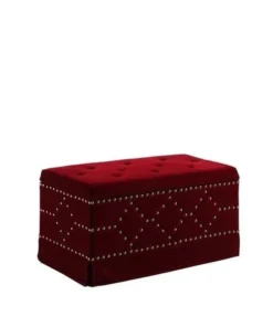 Ore Furniture HB4779 18.5 in. Nailhead Studs Tufted Storage Bench Plus 2 Seatings - Red Velvet Chrome