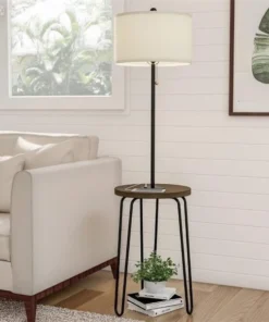 Lavish Homes Lavish Home 72-LMPWT-4 Floor Lamp End Table - Mid Century Modern Style Side Table; Brown; Black & Off-White