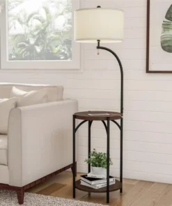 Lavish Homes Lavish Home A1000B2 Floor Lamp End Table - Modern Rustic Side Table with Drum Shaped Shade; Dark Brown; Black & Off-White