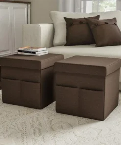 Lavish Home 80-FOTT-2 Foldable Storage Cube Ottoman with Pockets - Linen Brown