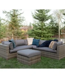 Walker Edison Furniture Co Walker Edison Furniture OR4SCGY 4-Piece Gray Multi-Shade Rattan Sectional with Cushions