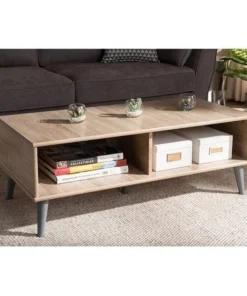 Baxton Studio SECFT3001-Hana Oak&Light Grey-CT 14.17 x 39.37 x 18.9 in. Pierre Mid Century Modern Wood Coffee Table - Oak Brown & Dark Grey