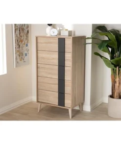 Baxton Studio SECOD305US-Hana Oak & Dark Grey-5DW-Chest Lisen Mid-Century Modern 5 Drawer Chest - Light Oak Brown & Grey