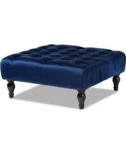 Baxton Studio 502-Royal Blue-Otto Keswick Transitional Royal Blue Velvet Fabric Upholstered Button Tufted Cocktail Ottoman - 15.8 x 35.3 x 35.3 in.